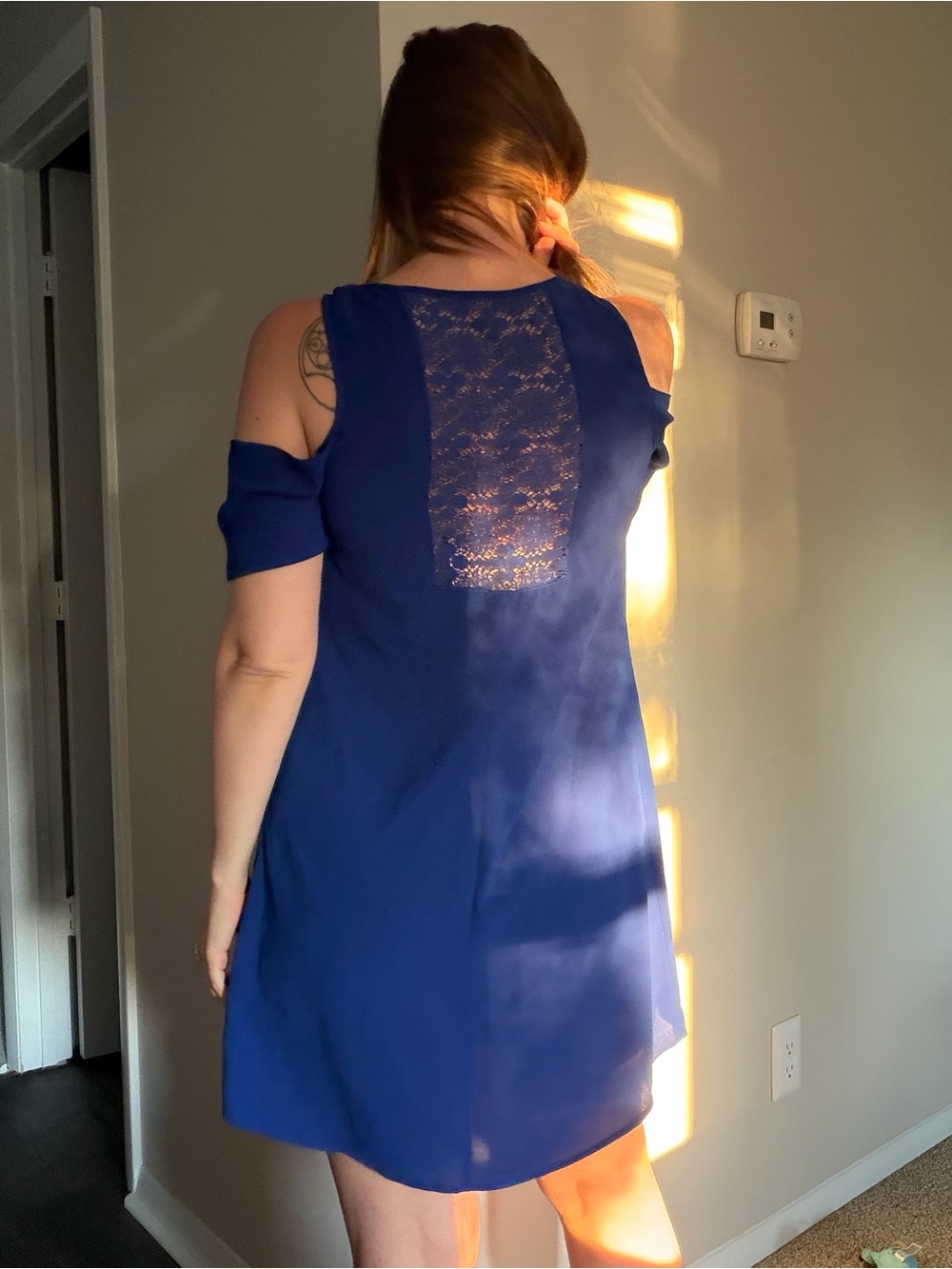 Sequin Hearts Royal Blue Cold-Shoulder Mini Dress with Lace Back